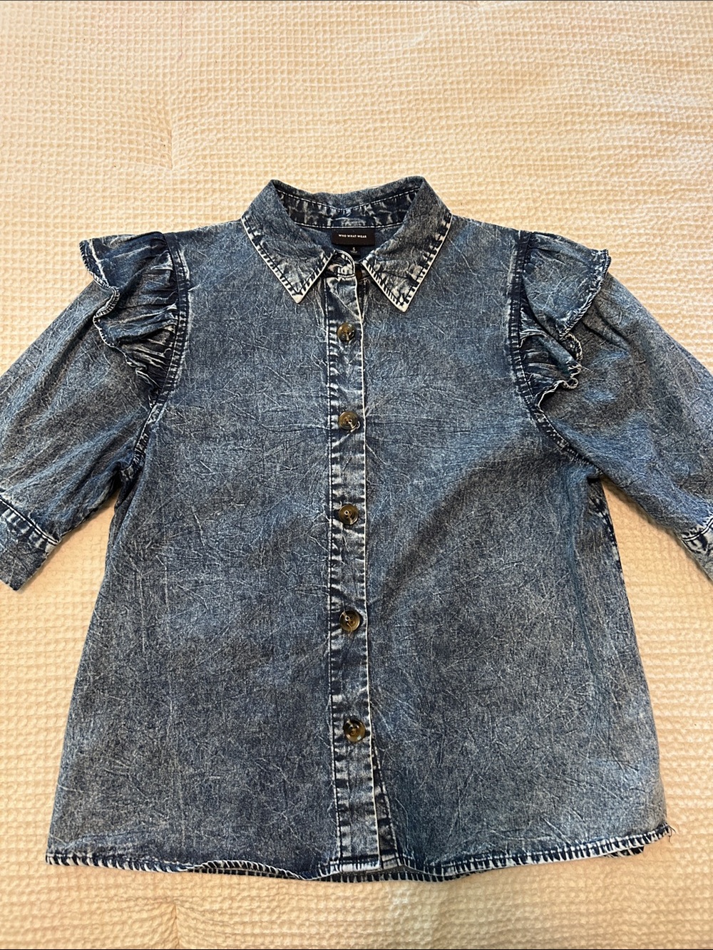 WHO WHAT WEAR Acid Wash Denim Button-Front Shirt with Ruffle Sleeves